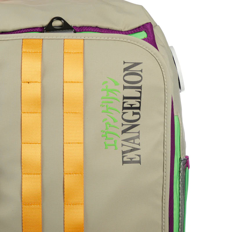 Evangelion EVA 1 Convertible Duffle Bag Backpack Purple Green Yellow Accent Zipper Close up Logo Image Side Zipper