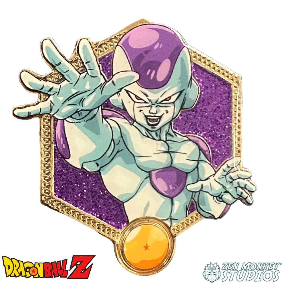 Character Frieza from Dragon Ball Z with a purple sphere and gold border on a white background Pin from zen monkey studios
