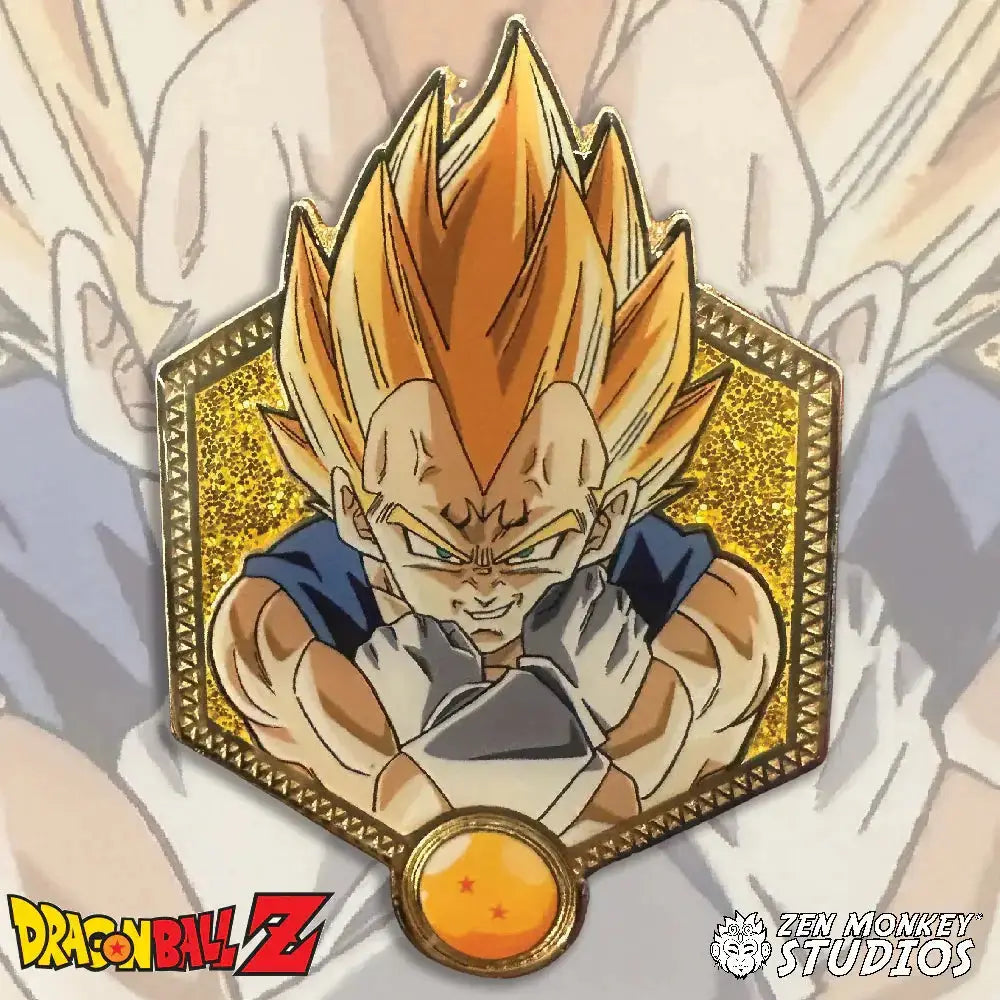 Metallic pin with Majin Vegeta character design from Dragon Ball Z, featuring the Dragon Ball Z logo and Zen Monkey Studios branding.