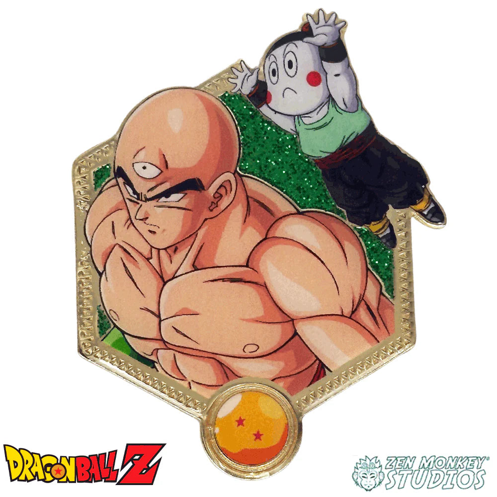 Dragon Ball Z character with a small character on his shoulder, featuring Golden Series 2: Dragon Ball Z Tien and Chiaotzu Pin available at chimploot.com