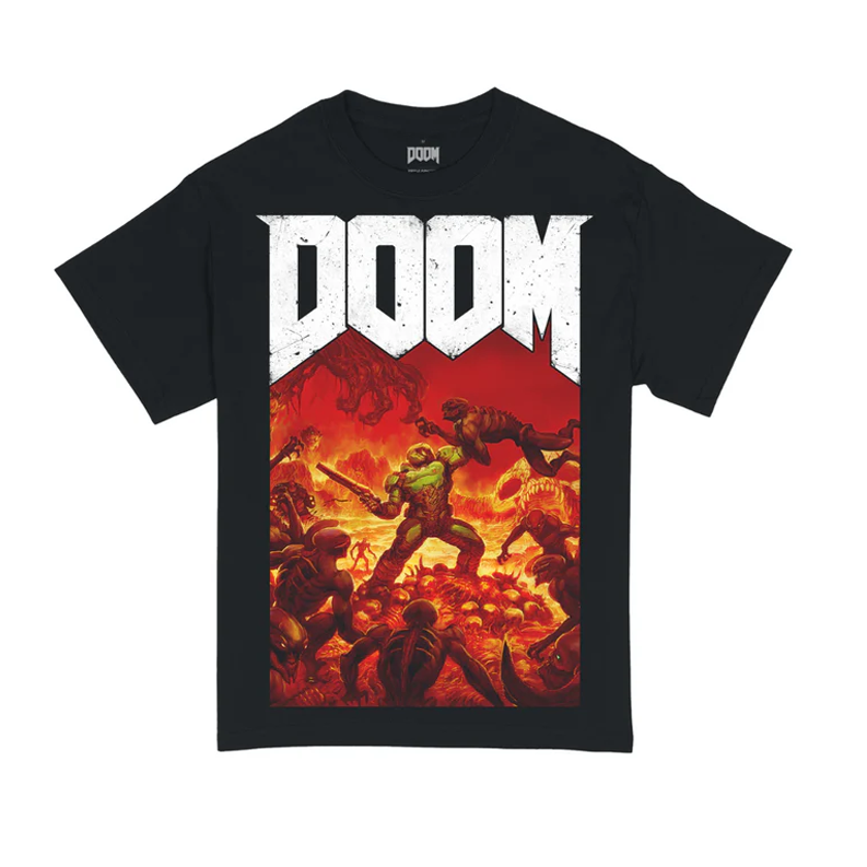 Black t-shirt with 'DOOM' graphic design featuring a character and monsters on a white background
