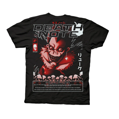 Black t-shirt with 'Death Note' graphic design featuring a red-skinned character with a large mouth and white text.