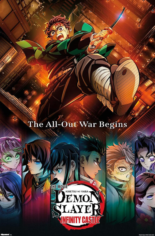 Promotional poster art for Demon Slayer: Infinity Castle, featuring Tanjiro Kamado in an action pose with a sword against a fiery orange background, with character portraits along the bottom and the title logo at the bottom center.