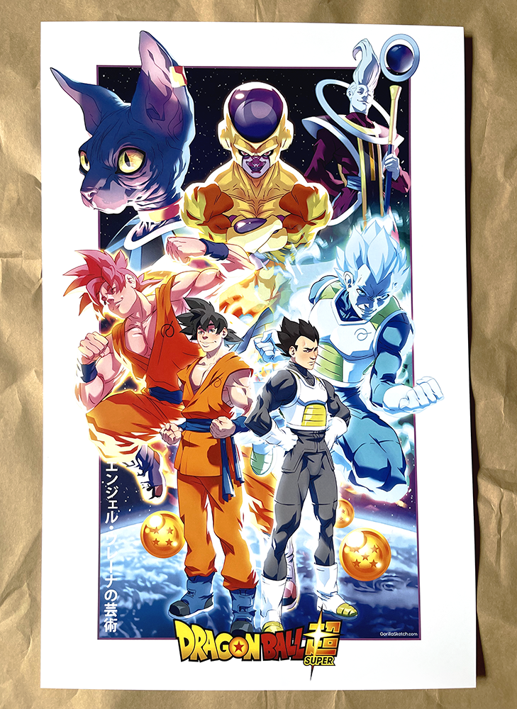 11 x 17 heavy cardstock Dragon Ball Super; Super Saiyan Gods (11"x17") print. featuring goku, goku super saiyan god, vegeta, vegeta super saiyan blue, golden frieza, beerus and whis
