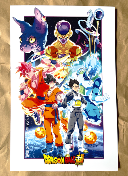 11 x 17 heavy cardstock Dragon Ball Super; Super Saiyan Gods (11"x17") print. featuring goku, goku super saiyan god, vegeta, vegeta super saiyan blue, golden frieza, beerus and whis
