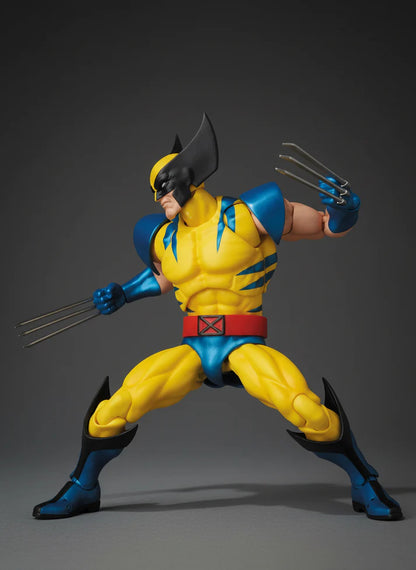 MAFEX No.096 Wolverine X-Men Action Figure of a superhero in yellow and blue costume with claws on a gray background