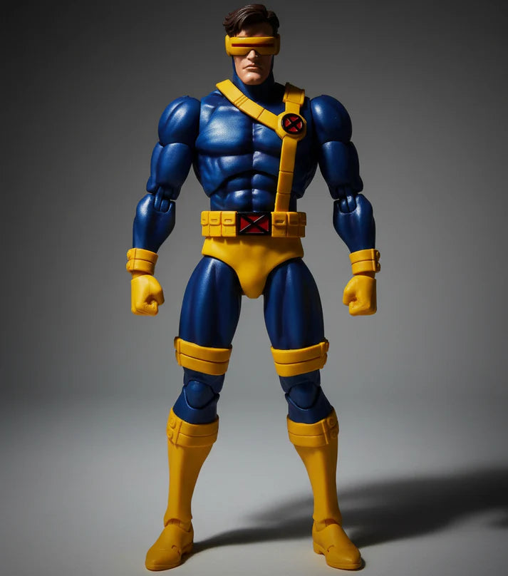 MAFEX No.099 Cyclops X-Men Action Figure in blue and yellow costume on a gray background