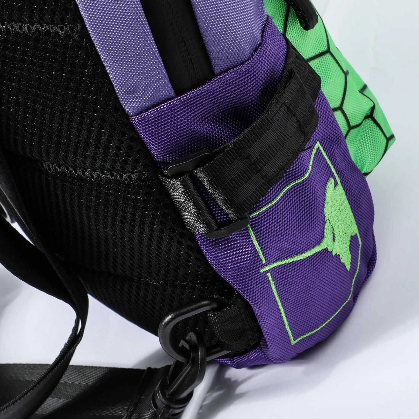 Evangelion EVA Unit-01 Sling Bag Purple Green Zipper Front pocket Side View Strap Clip