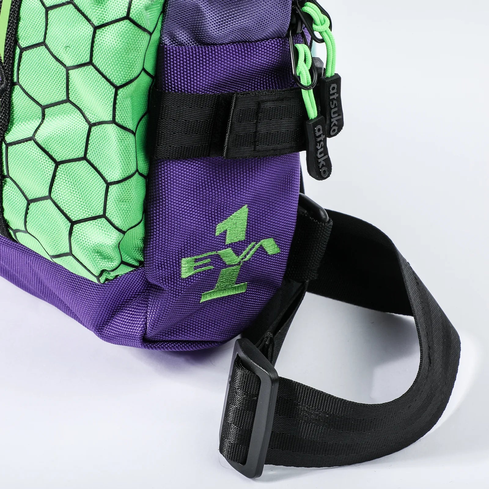 Evangelion EVA Unit-01 Sling Bag Purple Green Zipper Front pocket Detail Strap