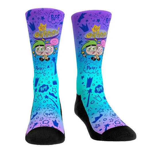 Colorful crew socks with cartoon characters from The Fairly OddParents  on a white background