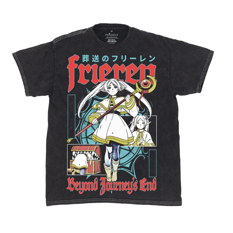 Black t-shirt with anime-style Frieren: Beyond Journey's End graphic and text on a white background
