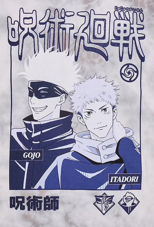 T-shirt with anime characters and text on a white background
