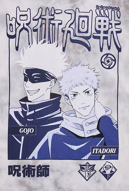 T-shirt with anime characters and text on a white background