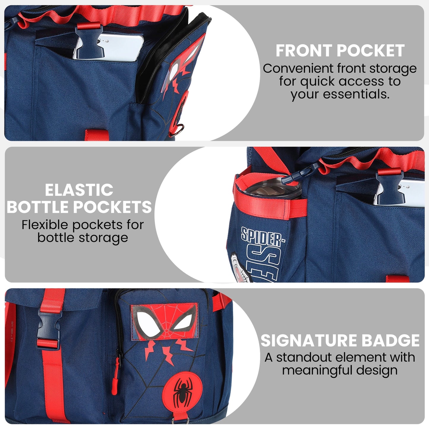 Spider-Man themed backpack with front pocket, bottle pockets, and signature badge on a gray background.