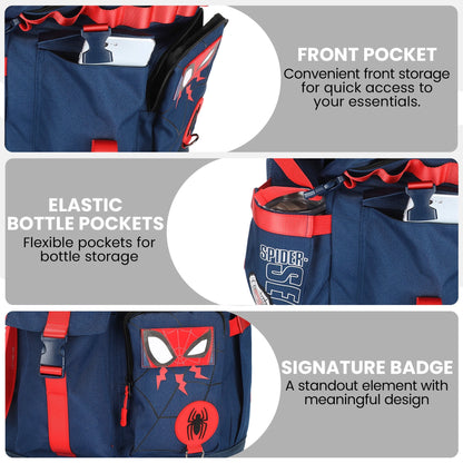 Spider-Man themed backpack with front pocket, bottle pockets, and signature badge on a gray background.