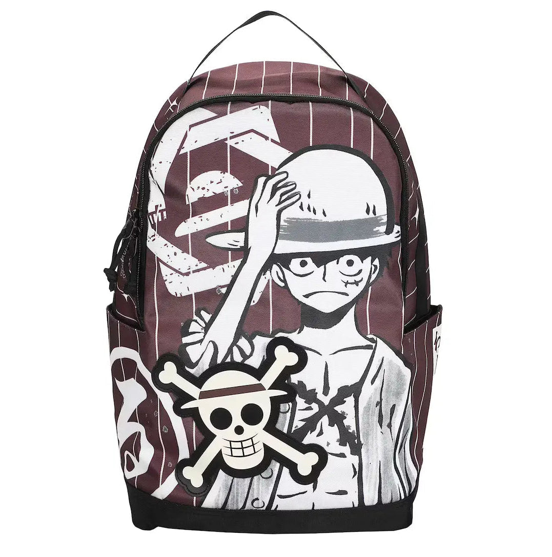 Backpack with One Piece Luffy anime character and skull design on a white background