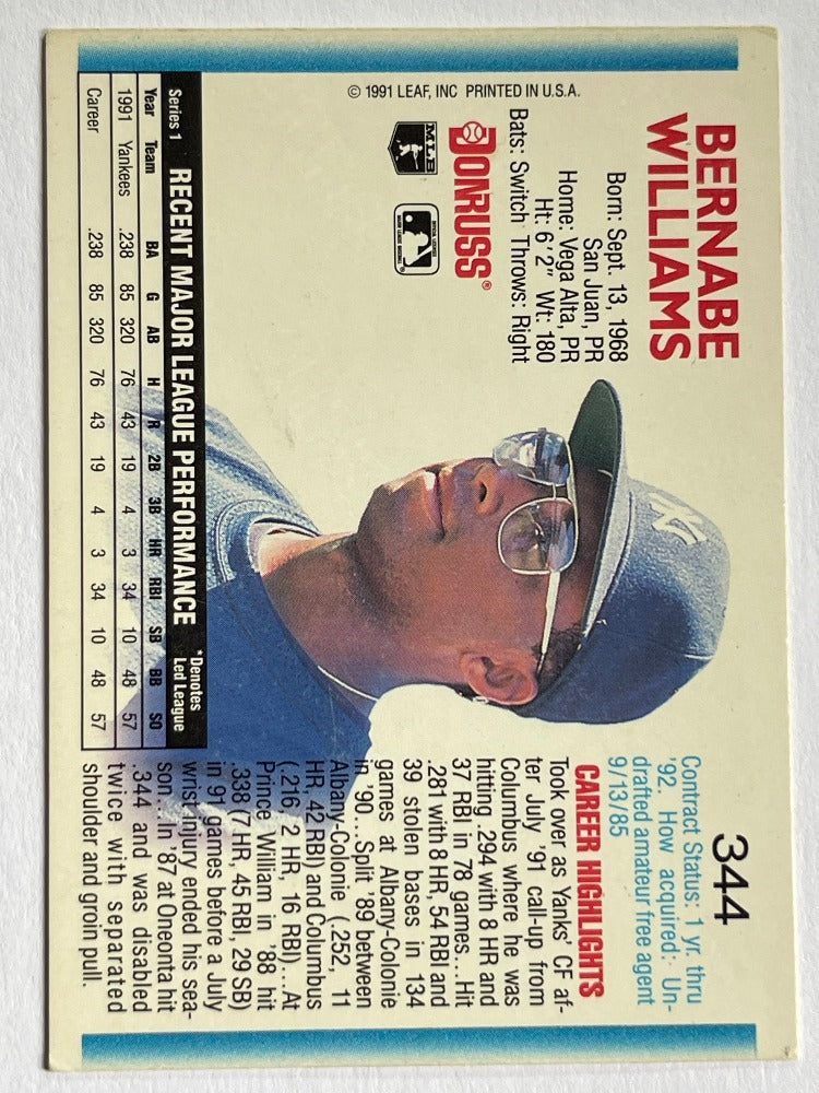 1992 Donruss - BERNIE WILLIAMS Yankees #344 (Error Card) Ultra Rare available at chimploot.com