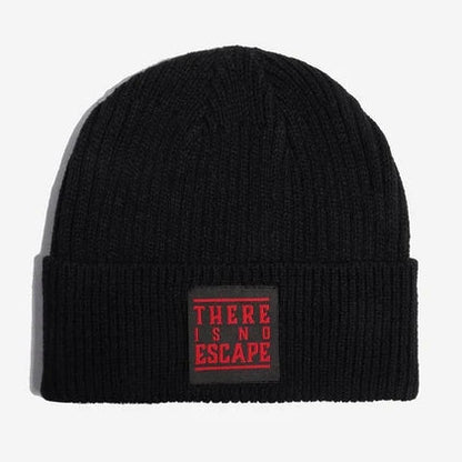 A black Star wars ribbed knit beanie hat featuring a red and black circular Star Wars Galactic Empire crest patch on the front cuff, with a small white embroidered logo on the side, shown against a light gray background.