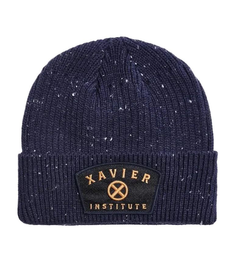 A navy blue knit x-men beanie with white speckles, featuring a black embroidered patch on the front cuff that reads 'XAVIER INSTITUTE' with a gold cross logo.
