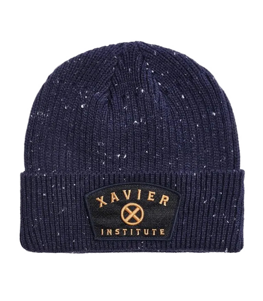 A navy blue knit x-men beanie with white speckles, featuring a black embroidered patch on the front cuff that reads 'XAVIER INSTITUTE' with a gold cross logo.