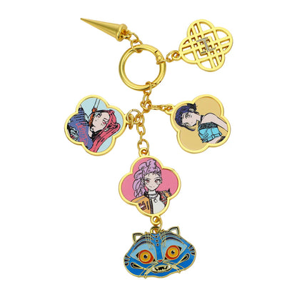 Keychain with K-Pop Demon Hunters Zooey, Rumi, Mira & Derpy Tiger Multi Charm Keychain character charms on a white background