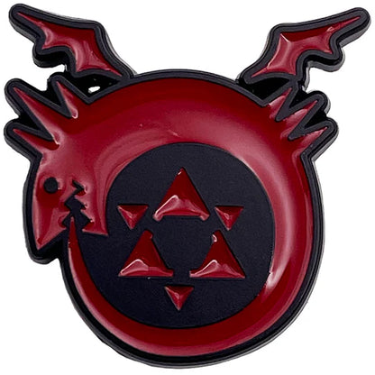 Fullmetal Alchemist Brotherhood Ouroboros Lapel Pin on a white card with branding available at chimploot.com