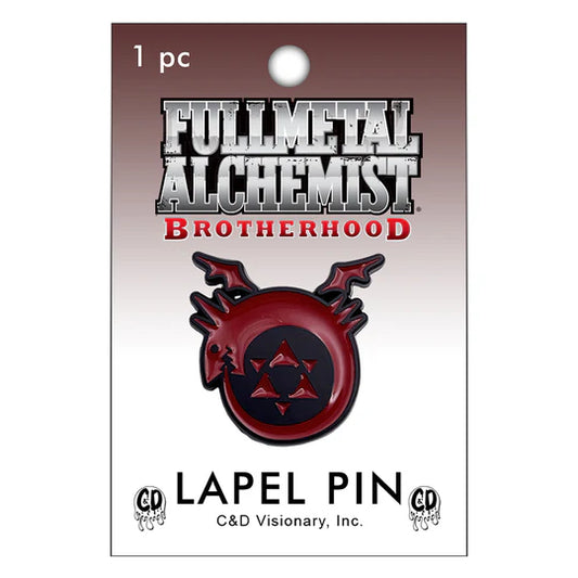 Fullmetal Alchemist Brotherhood Ouroboros Lapel Pin on a white card with branding available at chimploot.com