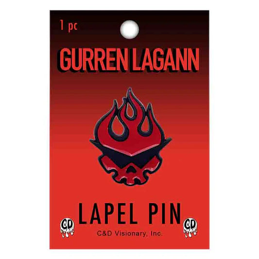 Gurren Lagann lapel pin on a red card with brand logos available at chimploot.com