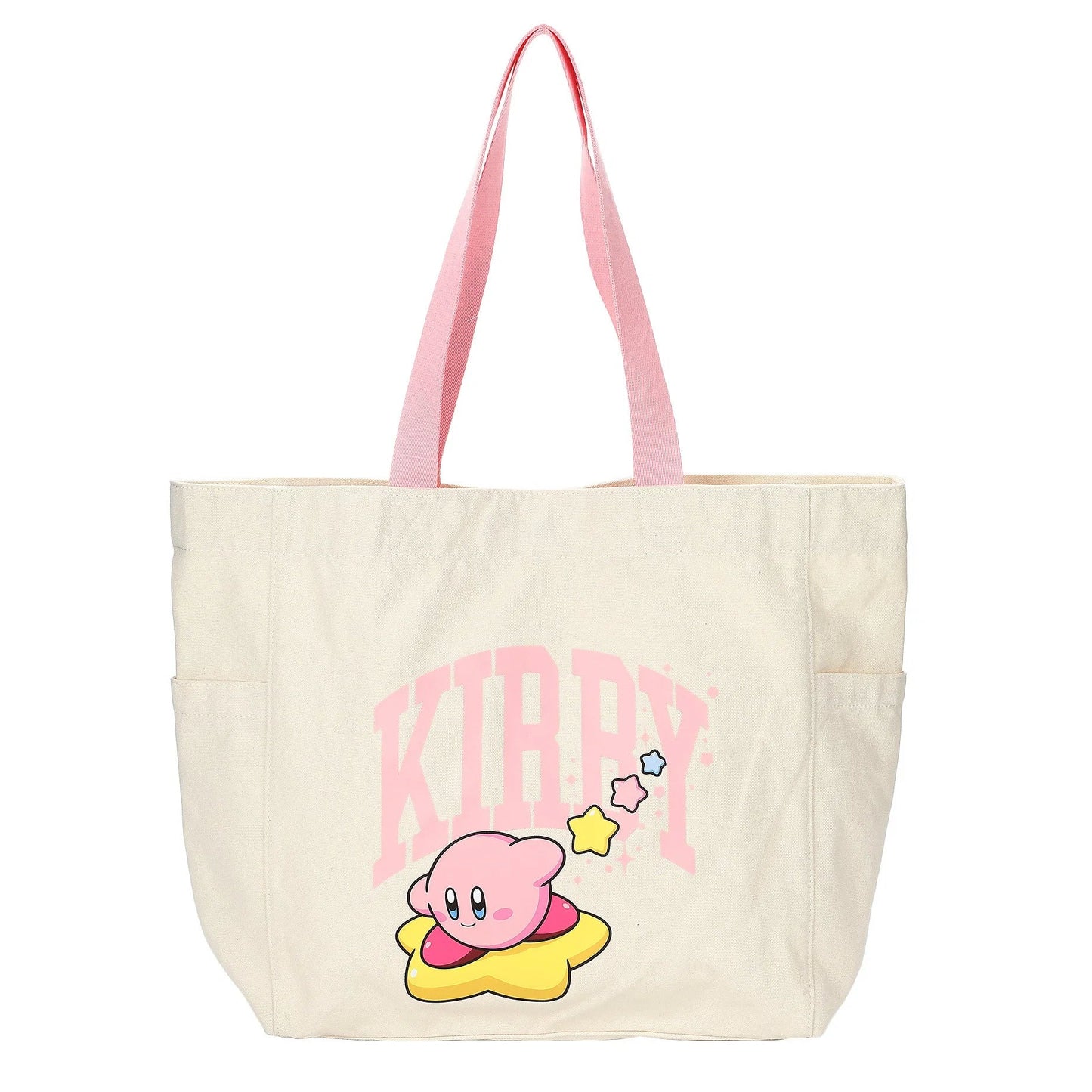An off-white canvas tote bag with pink handles, featuring a pink 'KIRBY' graphic and a cartoon Kirby character on the front, set against a plain white background.