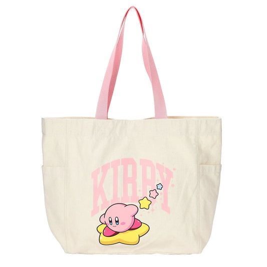 An off-white canvas tote bag with pink handles, featuring a pink 'KIRBY' graphic and a cartoon Kirby character on the front, set against a plain white background.