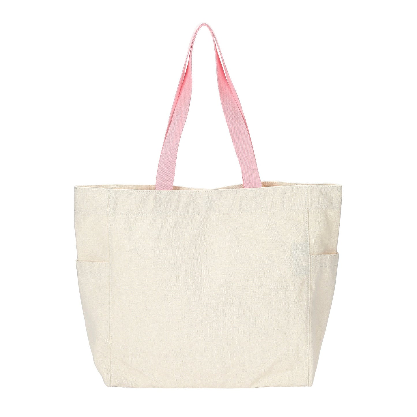 An off-white canvas tote bag with light pink shoulder straps, shown against a plain white background.