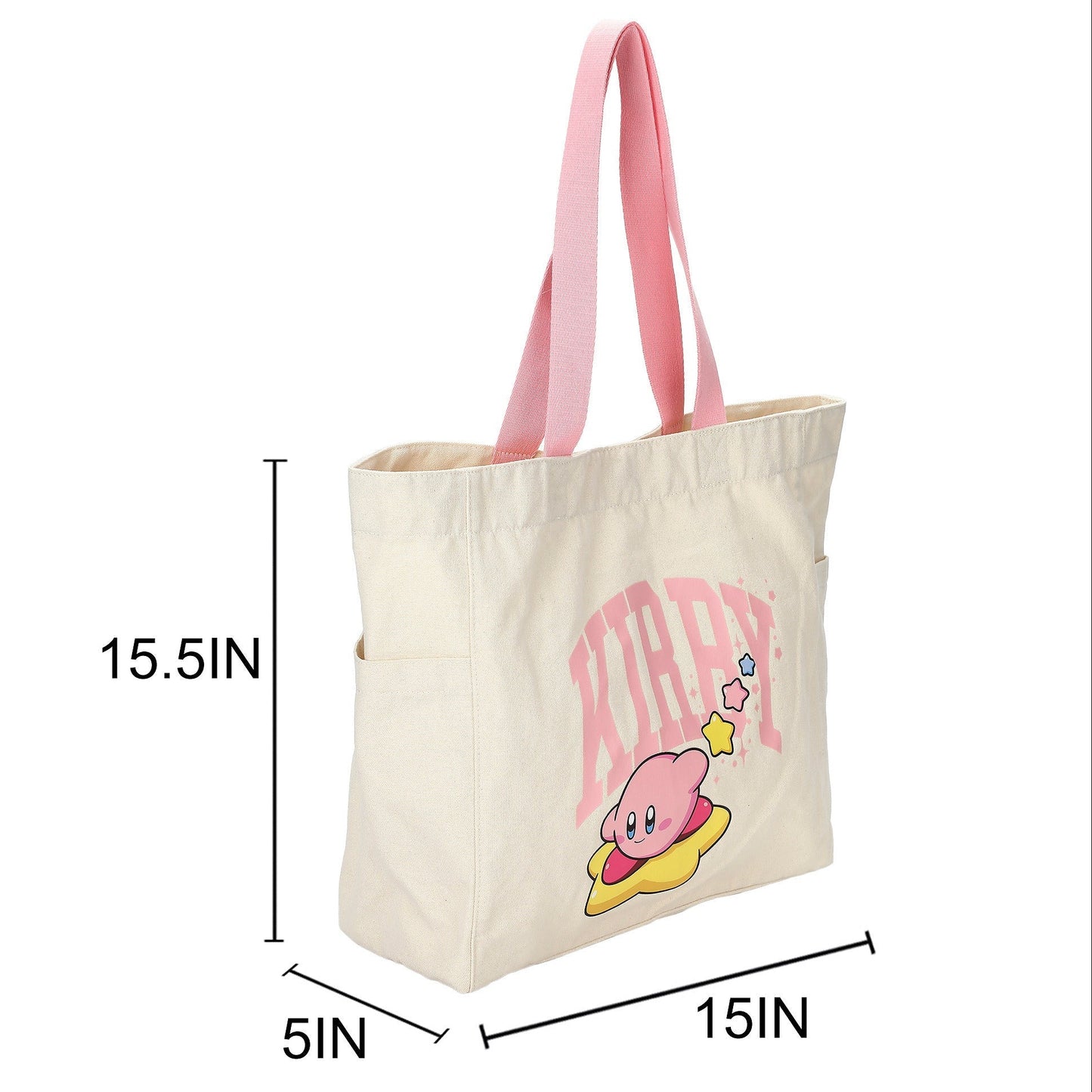 An off-white canvas tote bag with pink shoulder straps and a pink Kirby graphic on the front, shown with black dimension lines and text indicating measurements of 15.5 inches height, 5 inches width, and 15 inches depth on a white background.