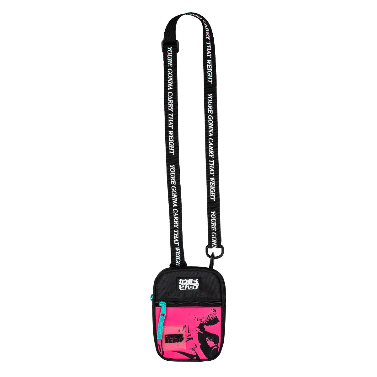 Small Crossbody Bag pouch with pink and black design and 'Cowboy Bebop' spike branding on a white background