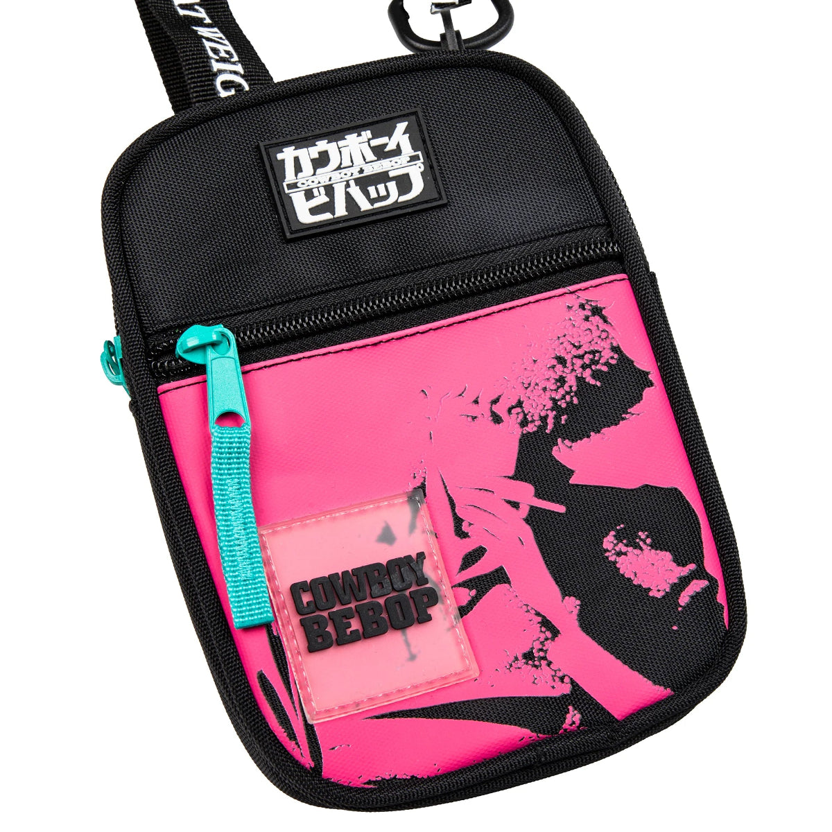 Small Crossbody Bag pouch with pink and black design and 'Cowboy Bebop' spike branding on a white background