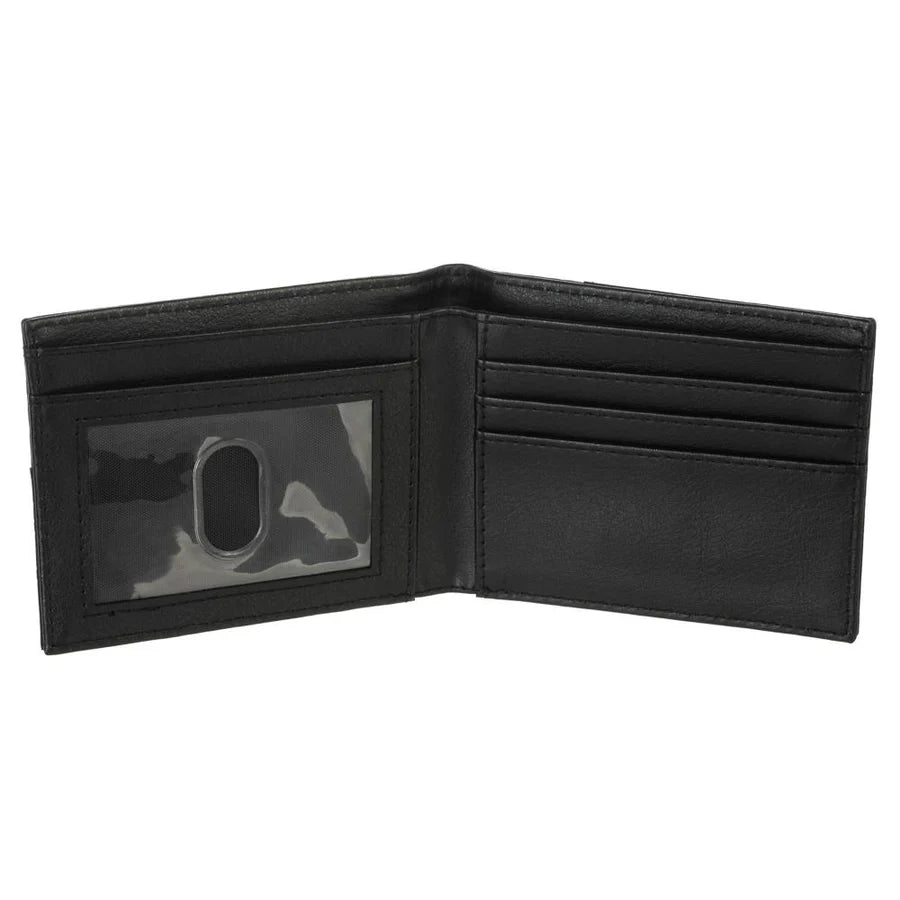 Black leather wallet open on a white background