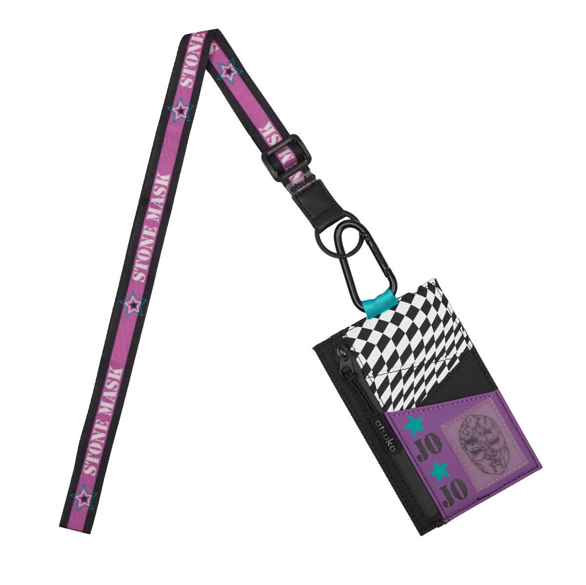 JoJo's Bizarre Adventure Stone Mask Pouch lanyard Wallet with attached card holder featuring a checkered pattern and brand name on a white background available at chimploot.com