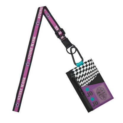 JoJo's Bizarre Adventure Stone Mask Pouch lanyard Wallet with attached card holder featuring a checkered pattern and brand name on a white background available at chimploot.com