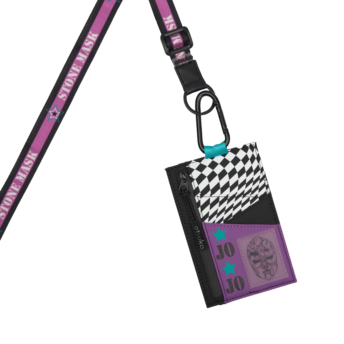 JoJo's Bizarre Adventure Stone Mask Pouch lanyard Wallet with attached card holder featuring a checkered pattern and brand name on a white background available at chimploot.com