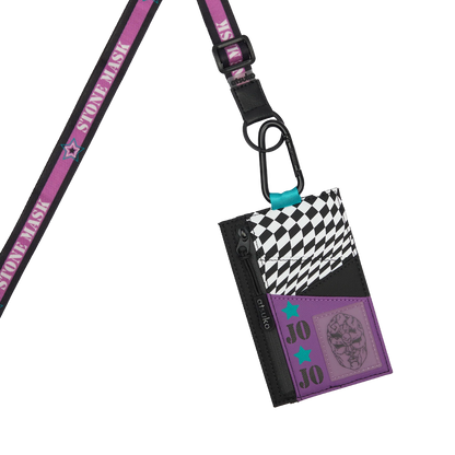 JoJo's Bizarre Adventure Stone Mask Pouch lanyard Wallet with attached card holder featuring a checkered pattern and brand name on a white background available at chimploot.com