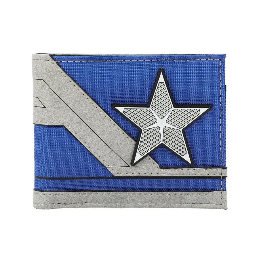 Captain America: Brave New World Bi-Fold Blue and gray wallet with star emblem on a white background