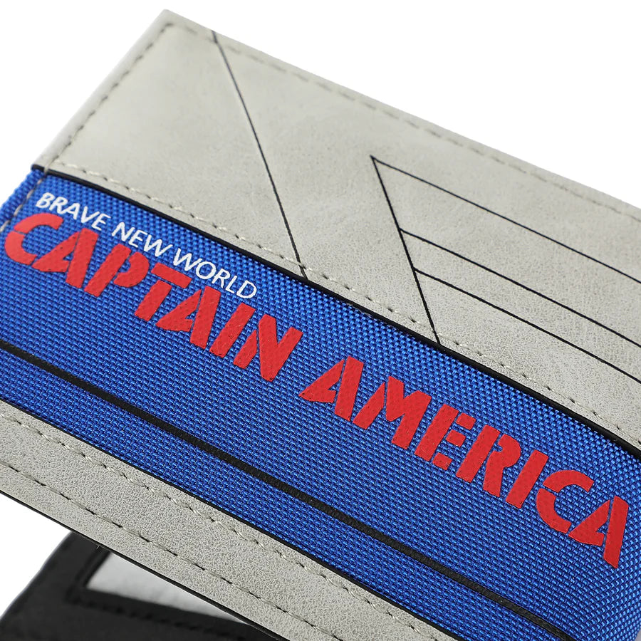 Captain America: Brave New World Bi-Fold Blue and gray wallet with star emblem on a white background