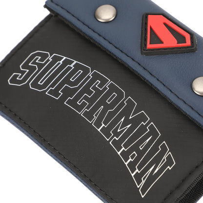 Superman tri-Fold Wallet logo on a blue and black wallet with a red and black triangle emblem.