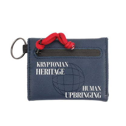 Blue Superman Kryptonian Heritage Human Upbringing tri-Fold Wallet with text and red lanyard on a white background