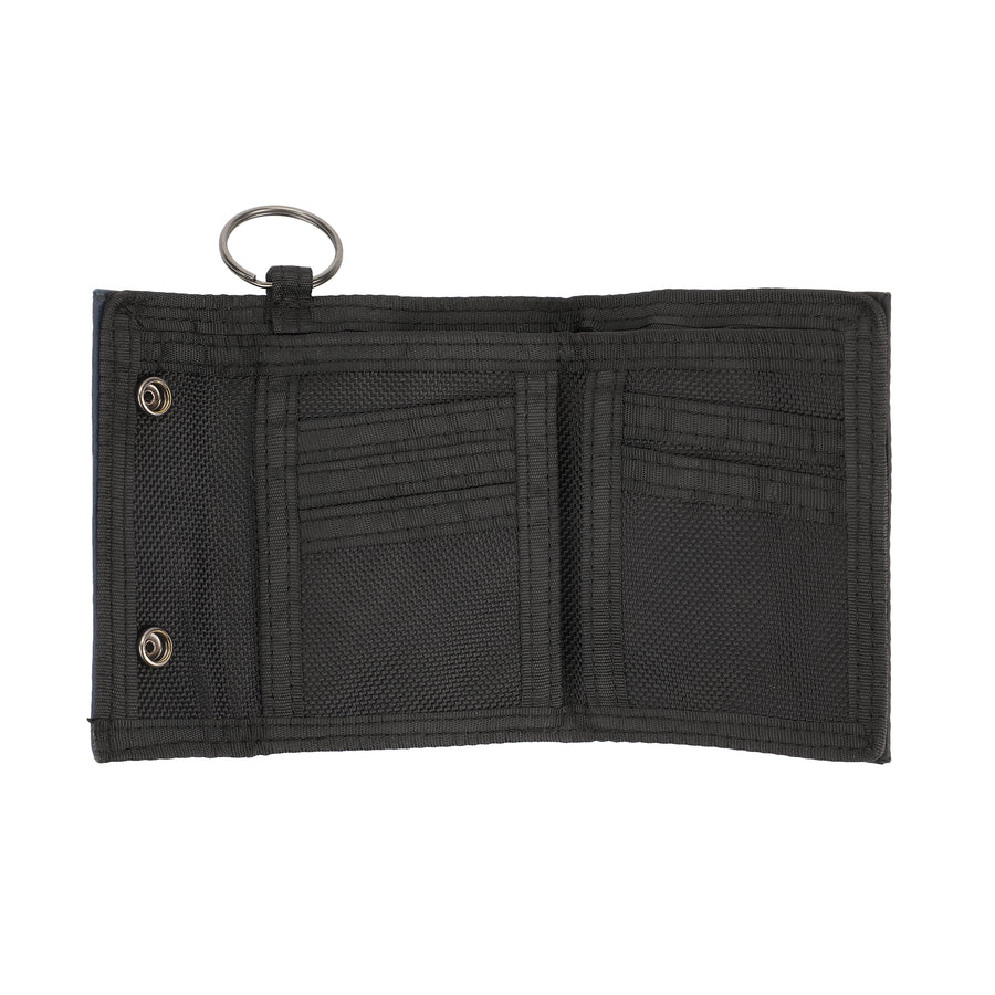 Black trifold wallet with card slots on a white background
