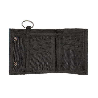 Black trifold wallet with card slots on a white background