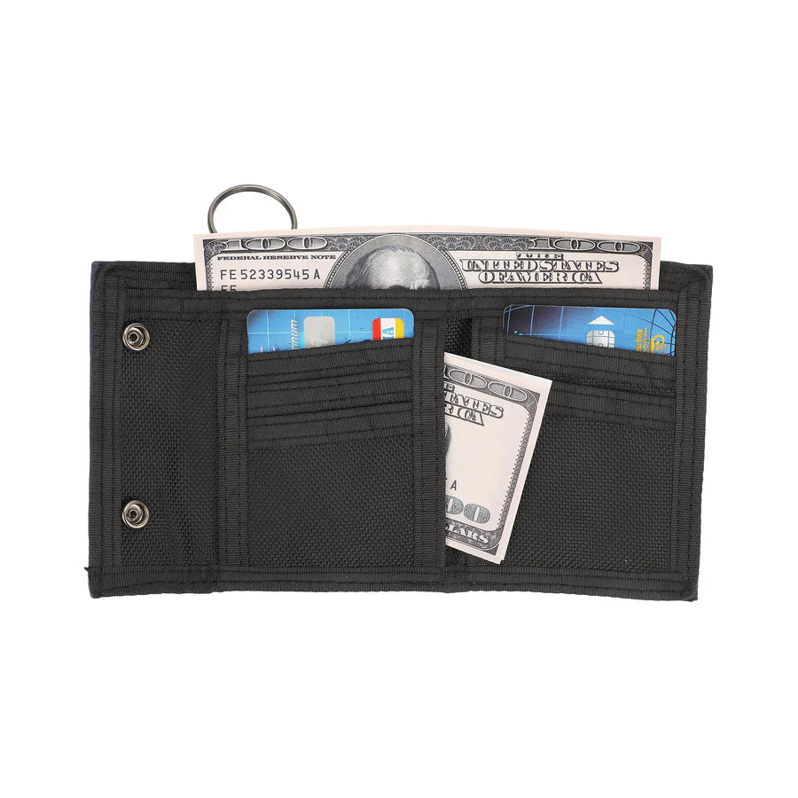 Black wallet with money and cards on a white background