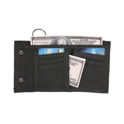 Black wallet with money and cards on a white background