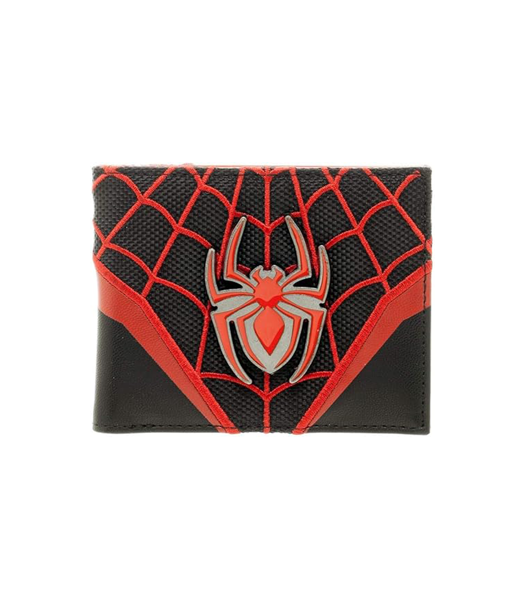 Spider-Man Miles Morales themed wallet with web design on a white background