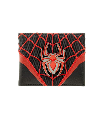 Spider-Man Miles Morales themed wallet with web design on a white background