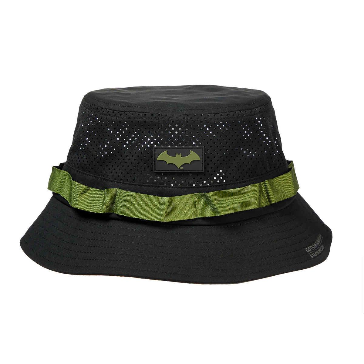 Black bucket hat with green band and dc comics Batman logo Mesh Bucket Hat available at chimploot.com
